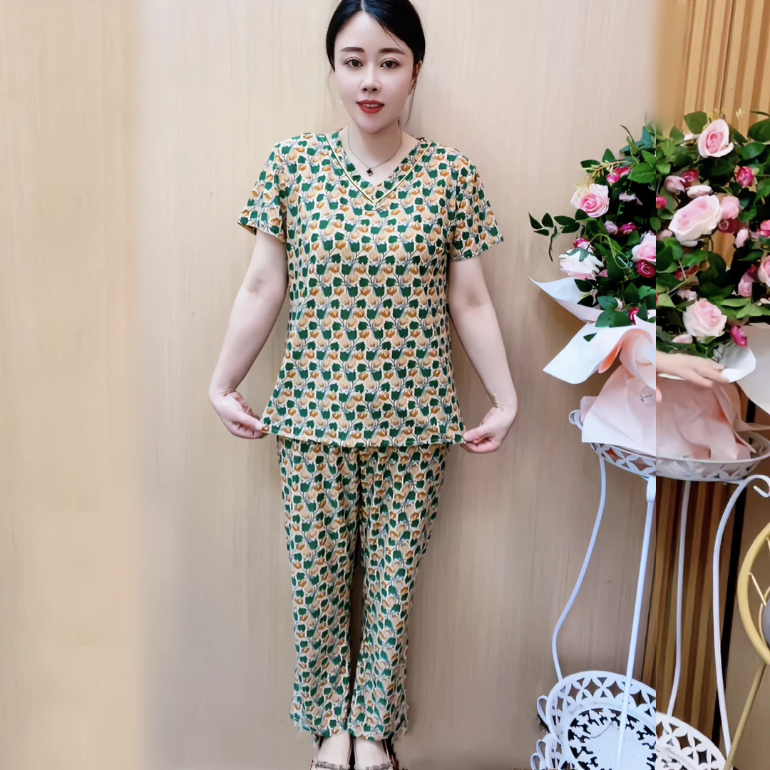 中老年夏季中年两件套装时尚休闲印花妈妈装睡衣薄款碎花大码女
