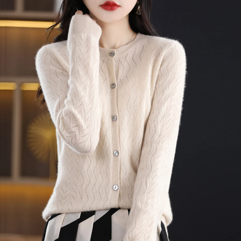 100%纯羊毛开衫女圆领宽松针织毛衣波浪镂空外套纯色上衣早春秋