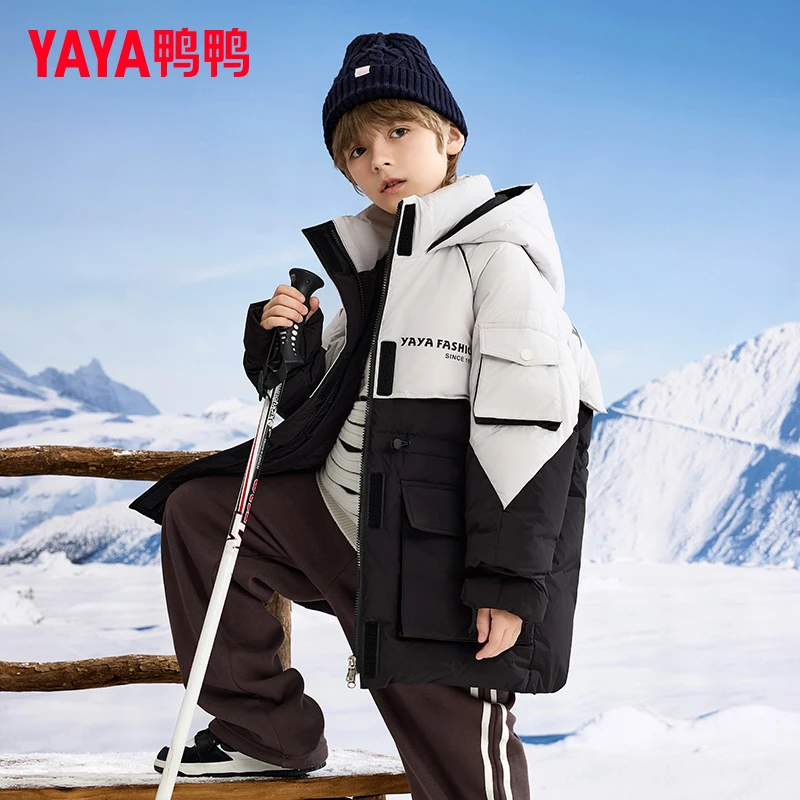 YAYA/鸭鸭童装羽绒服中长款拼接撞色连帽新款男女中大童百搭韩版