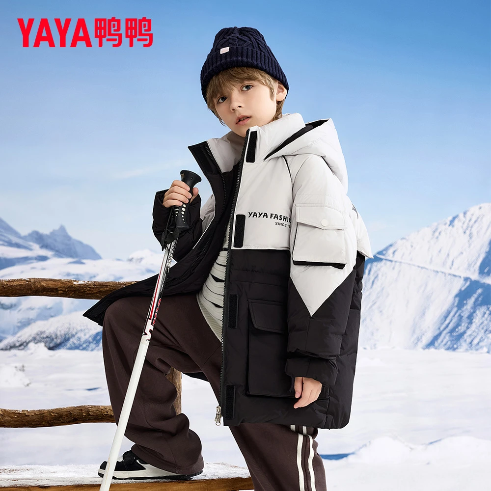 YAYA/鸭鸭童装羽绒服中长款拼接撞色连帽新款男女中大童百搭韩版