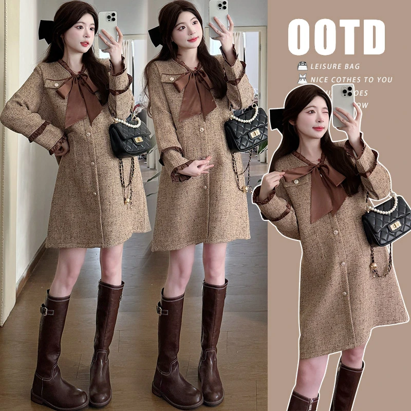 2024新款网红孕妇秋冬显瘦时尚法式小香风v领蝴蝶结粗花呢连衣裙