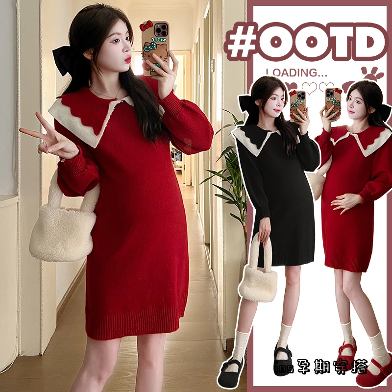 孕妇秋冬小个子显瘦毛衣连衣裙时尚圣诞红色外出裙子打底毛衣裙