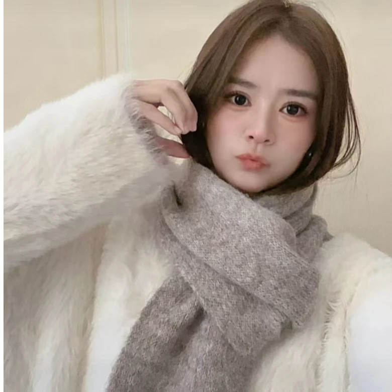 韩版时尚纯色长款针织围巾保暖百搭围脖披肩网红情侣编织羊绒学生