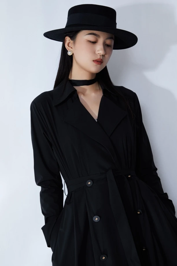 姚领YAOLY黑色简约修身风衣裙