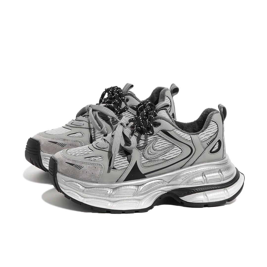 首谷shougu秋冬加绒显脚小厚底老爹鞋女百搭小个子增高运动鞋