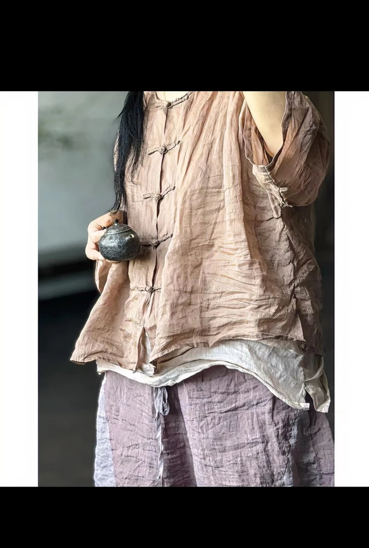 14348传统手工缝制盘扣夏轻薄苎麻开衫上衣复古文艺宽松慵懒麻衫