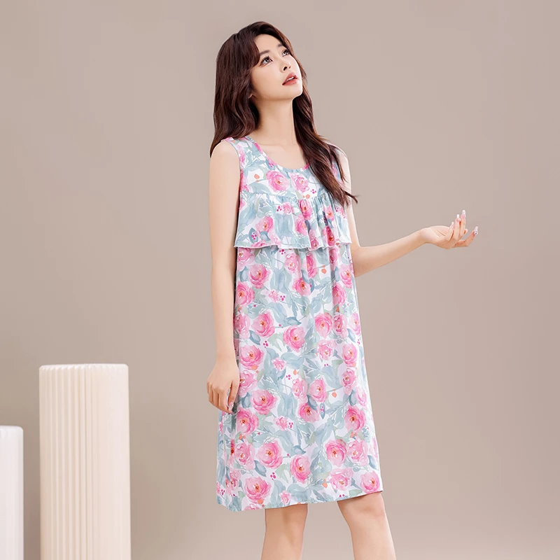 防凸点棉绸睡裙女士夏季无袖连衣裙家居服宽松夏天加大码薄款睡衣