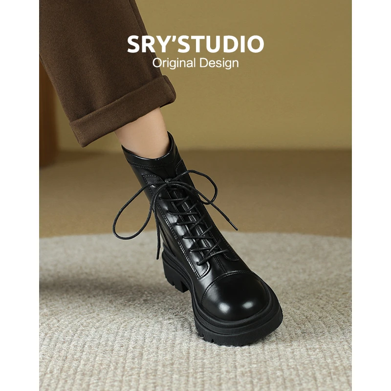 SR5016牛皮时尚软底马丁靴2024秋季新款透气英伦风百搭女士短靴