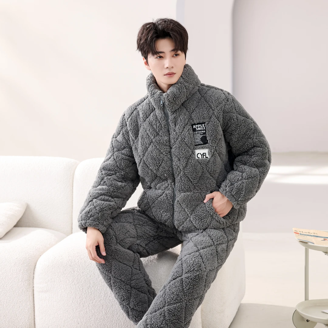 男士冬季睡衣加厚加绒三层夹棉家居服套装加大码法兰绒可外穿棉袄