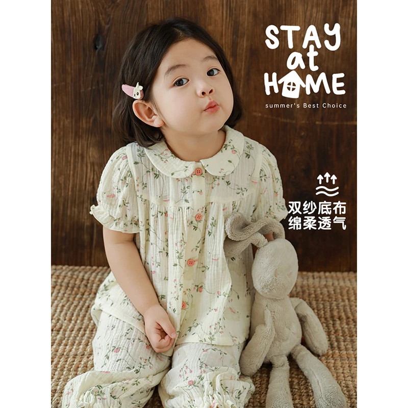 YOEHYAUL/幼悠夏季女童两件套透气卡通宝宝家居服邹布棉套装X4615