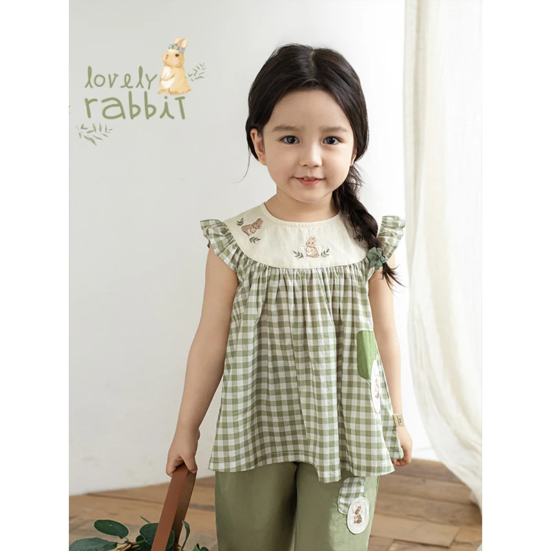 幼悠夏季女童绿色格子数码满印上衣 女宝休闲洋气衬衫 潮LX0188