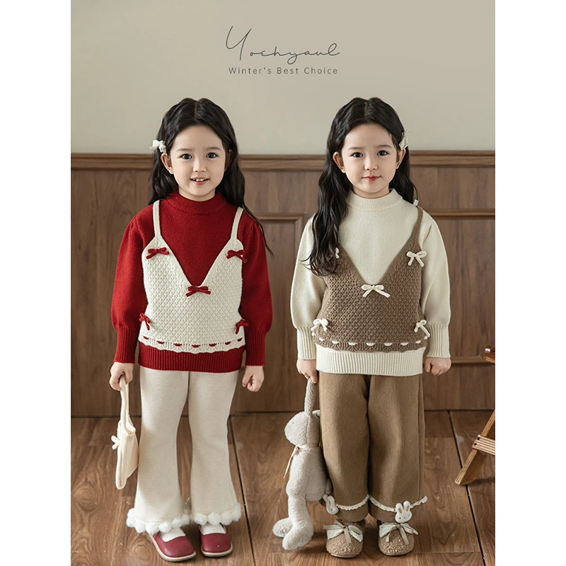 YOEHYAUL/幼悠幼悠【撞色吊带】冬五波秋冬洋气保暖圆领毛衣D4039