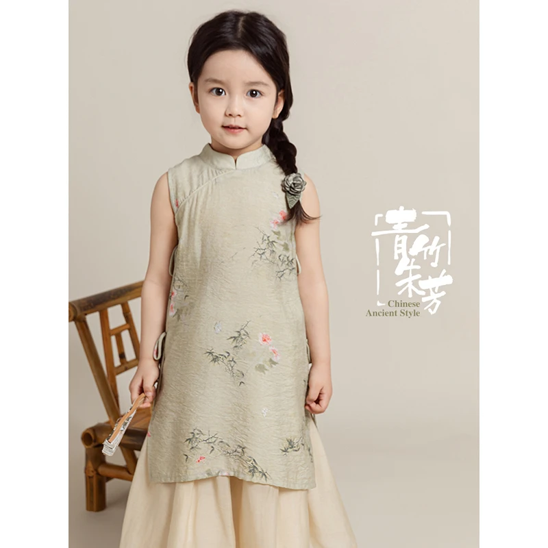 幼悠夏三波【山水墨画】国风印花时尚洋气夏季无袖女连衣裙 HX0020