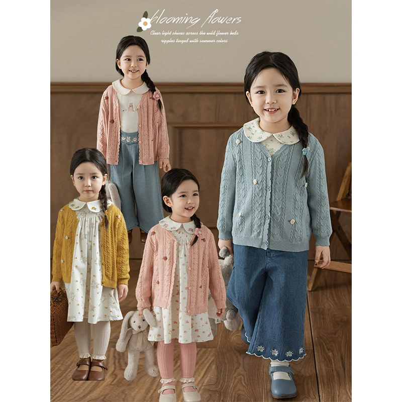 【清】秋一波毛衣女童洋气复古针织柔软开衫潮Q3366