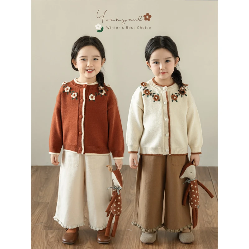 YOEHYAUL/幼悠幼悠 冬一波【灿烂花朵】女童保暖绣花毛衣开衫 D4028