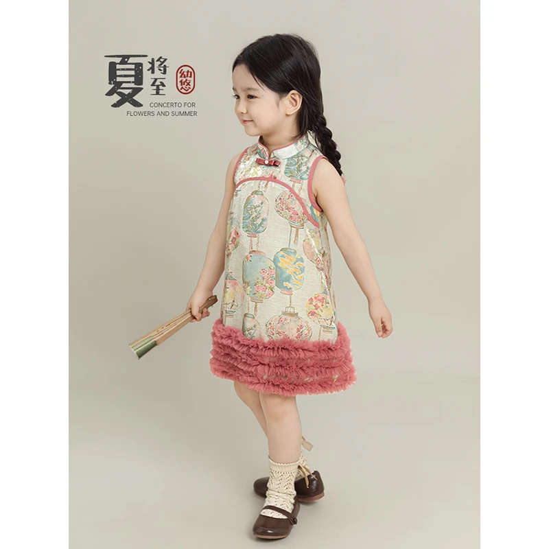 幼悠【宫灯依楼】夏四波儿童百搭时尚洋气裙子印花复古连衣裙 X4671