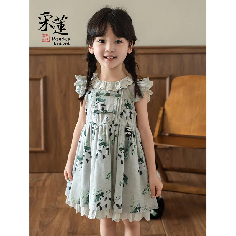 幼悠夏三波女童竹园熊猫数码印花上衣 女宝洋气百搭连衣裙  X4432