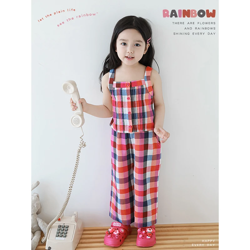 【清】夏六波儿童夏季时尚洋气格纹上衣裤子女童百搭外穿套装LX0030