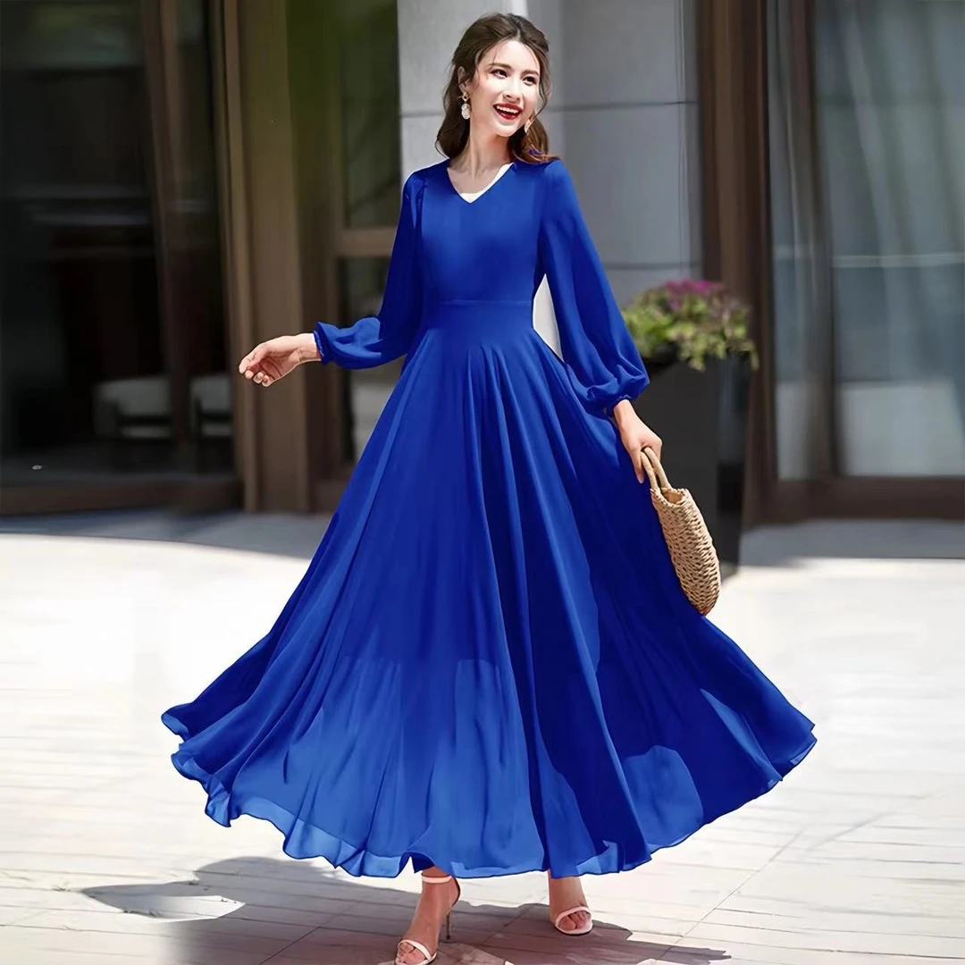 女装连衣裙长款大摆夏秋纯色长裙妈妈装净色净面夏装长袖修身