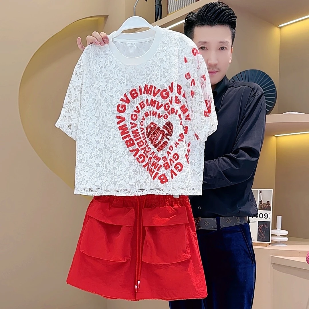 【LIANG哥女装】夏季薄款时尚潮流蕾丝珠片镂空短袖3215A-3861A