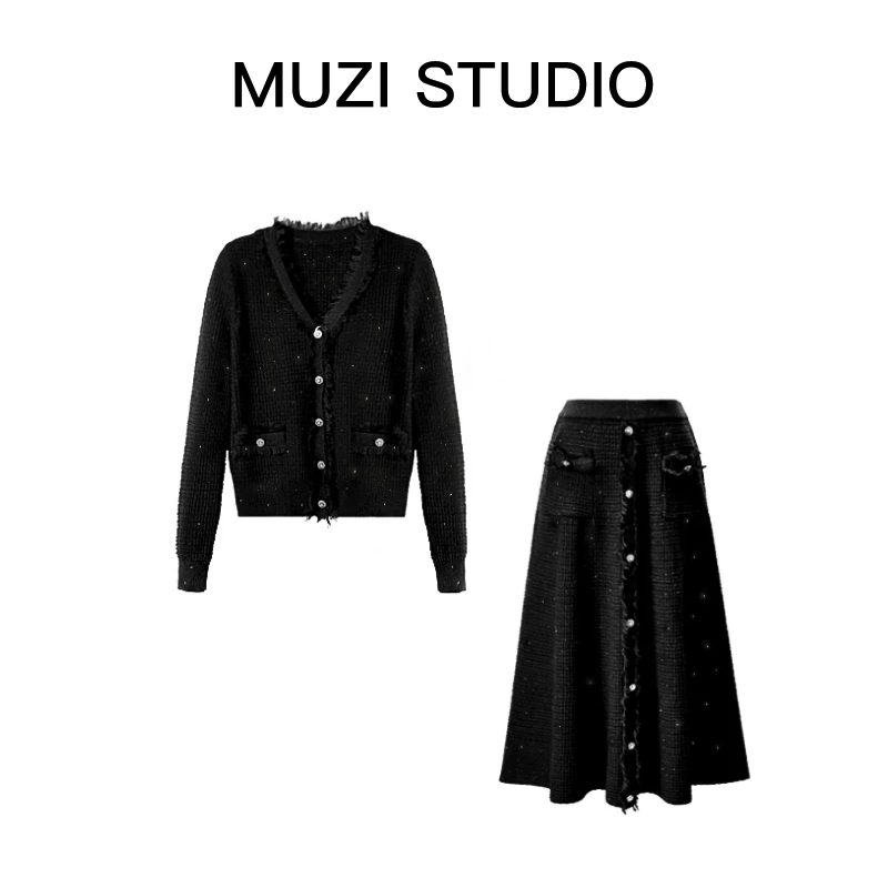 [Muzi·流星雨]小香风V领A字半身裙两件套2024秋季高级感套装MZ232