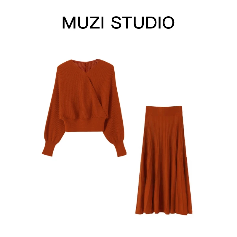 [Muzi·雅斯]红色V领时尚套装蝙蝠袖毛衣中长半身裙两件套MZ233
