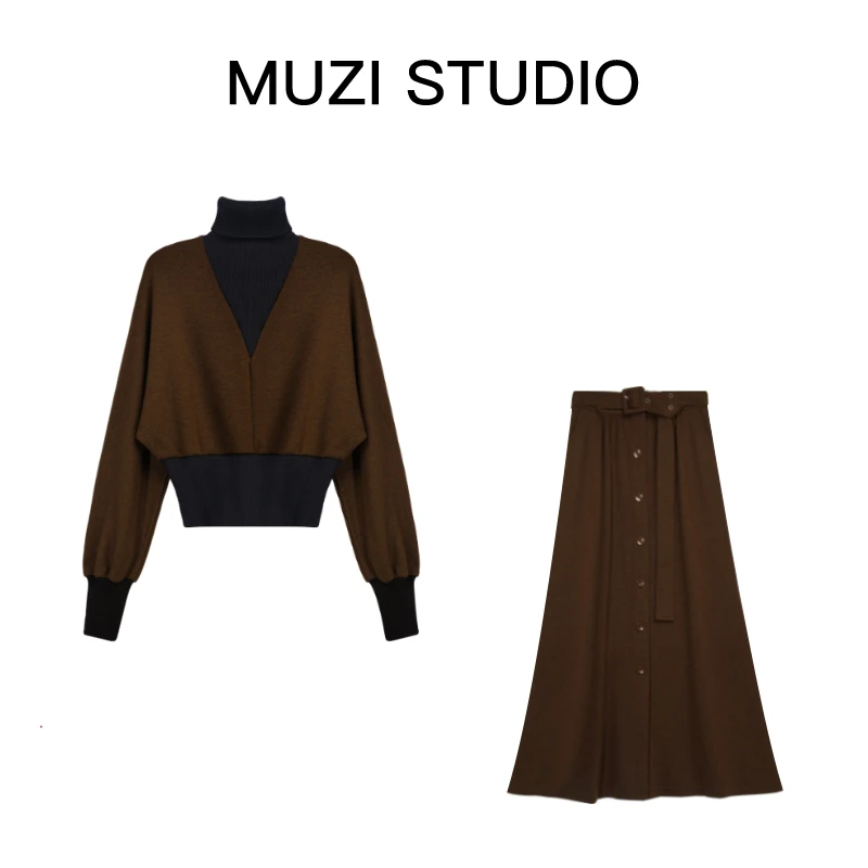 [Muzi·栗子]早秋新款气质轻奢拼接黑咖色显瘦蝙蝠袖套装女神MZ210