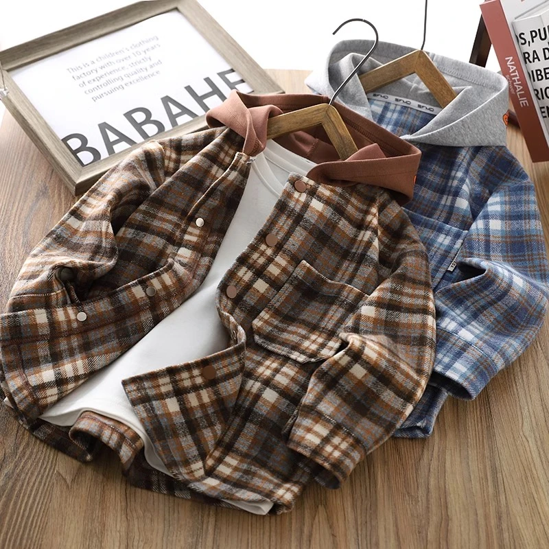 男童格子外套春秋2025新款潮男孩连帽上衣儿童秋装时尚英伦风衣服