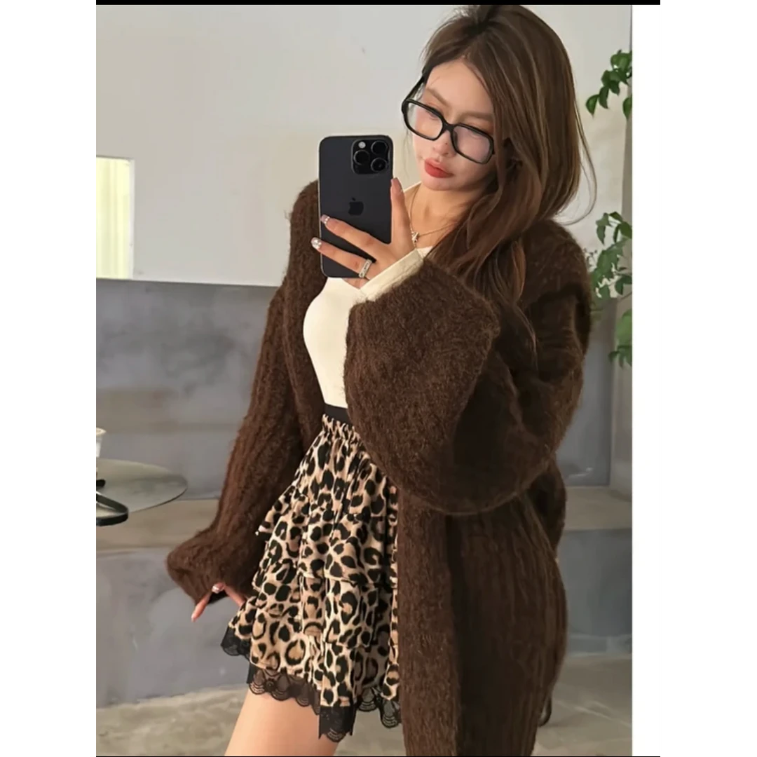 【YKL】焦糖邂逅奶杏挂脖上衣/豹纹黑蕾丝边短裙/咖色连帽中长开衫