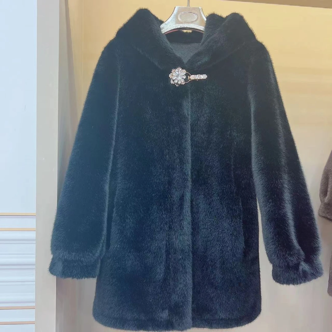 24新款时尚帽款女款女士黑色连帽中长款加厚秋冬皮毛一体