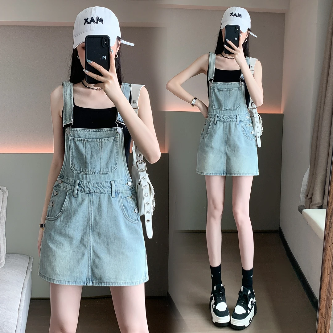 复古浅色牛仔背带裙女小个子150cm显高半身裙夏季薄款高腰短裙子