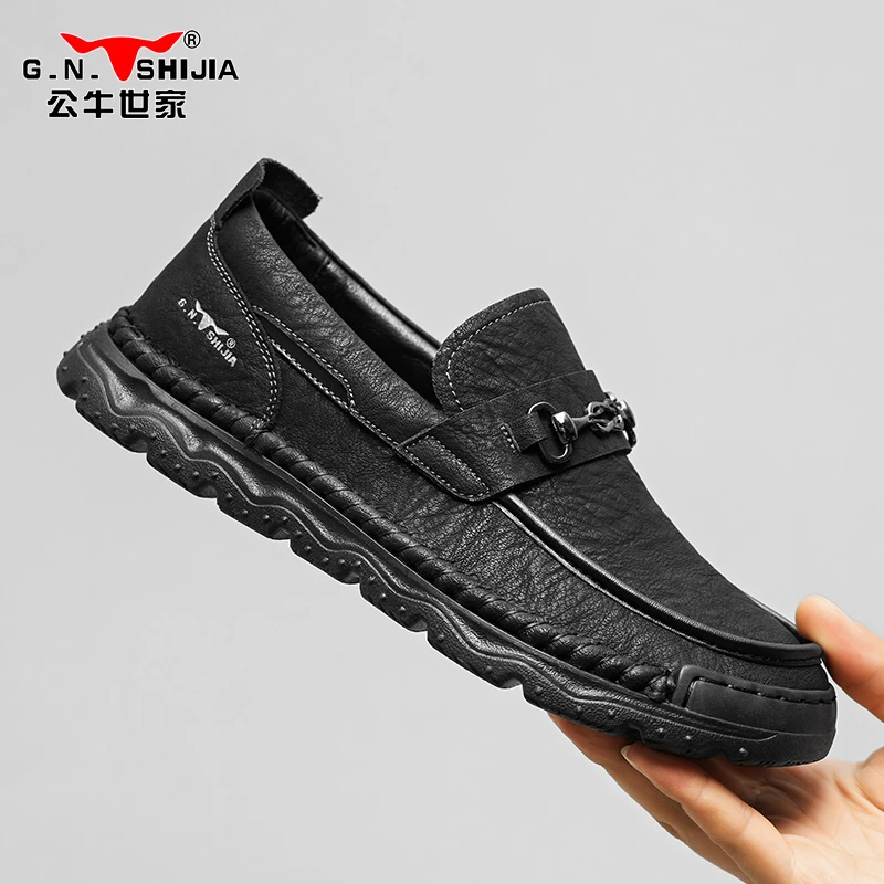 公牛世家休闲男皮鞋百搭透气一脚蹬低帮上班男士户外夏季豆豆鞋男