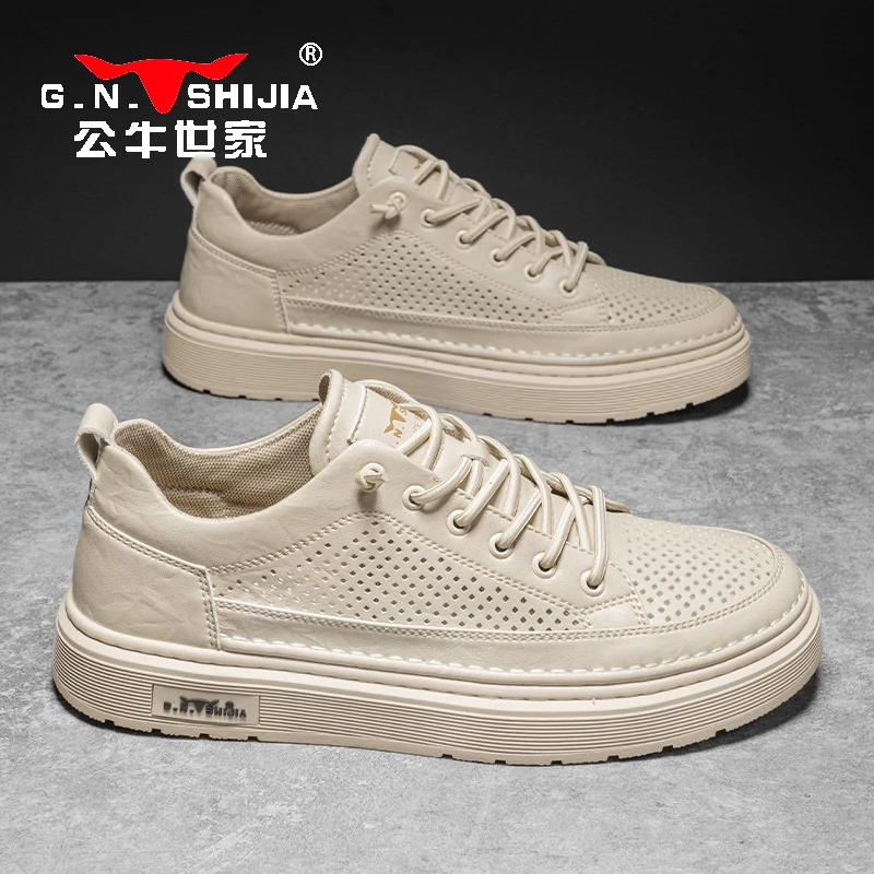 公牛世家男鞋秋季防臭网孔镂空百搭休闲运动男软底软皮一脚蹬板鞋