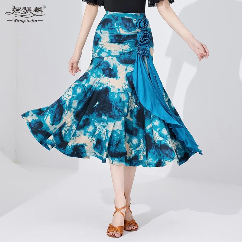 摩登舞裙专业国标舞半身裙花朵飘带拉丁舞裙高端印花交谊舞演出裙