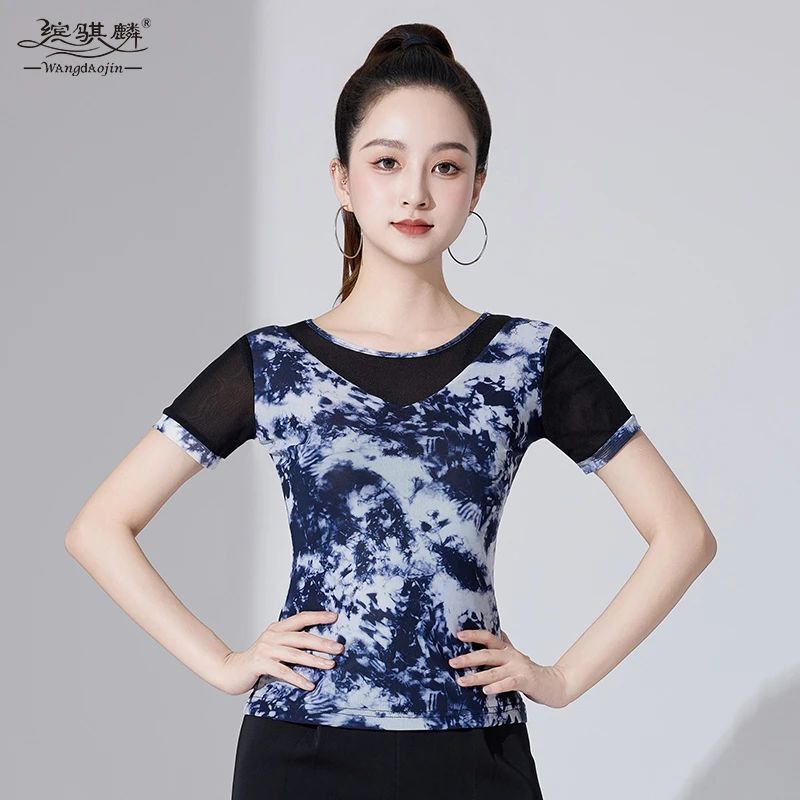 拉丁舞上衣新款修身成人女短袖印花网纱舞蹈服国标摩登广场舞上装