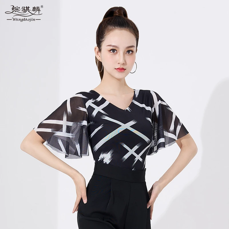 拉丁舞半袖新款国标交谊舞服装摩登舞上装印花网纱舞蹈练功服短袖