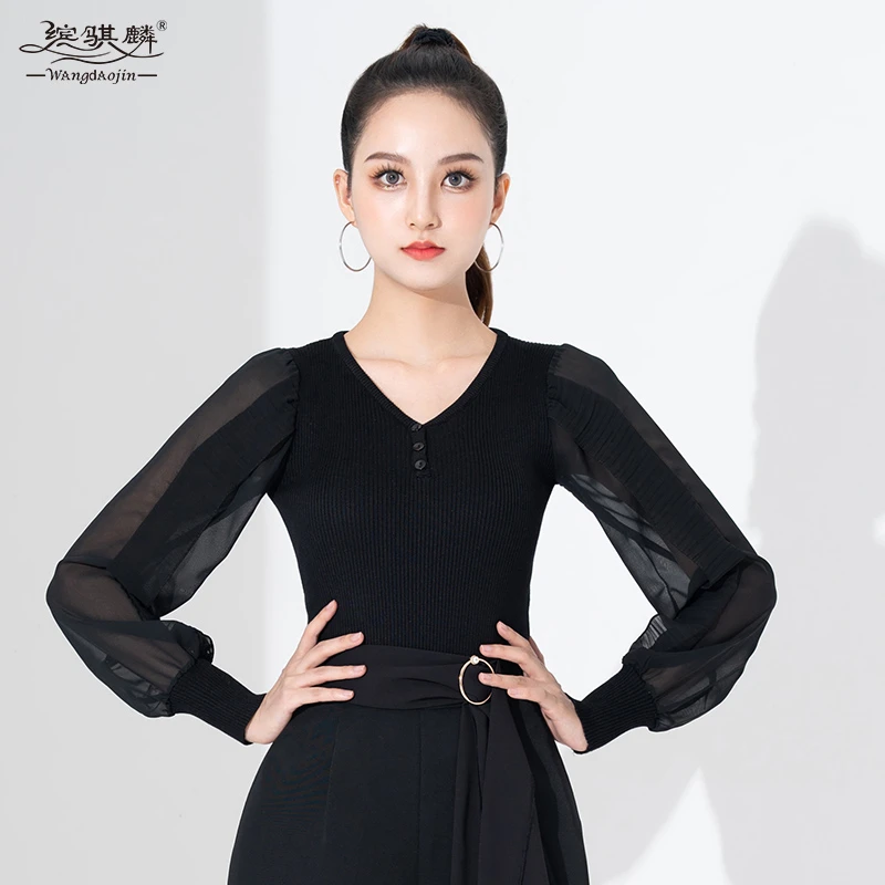 拉丁舞上衣女新款舞蹈练功服长袖国标舞服秋冬V领摩登舞衣吉特巴