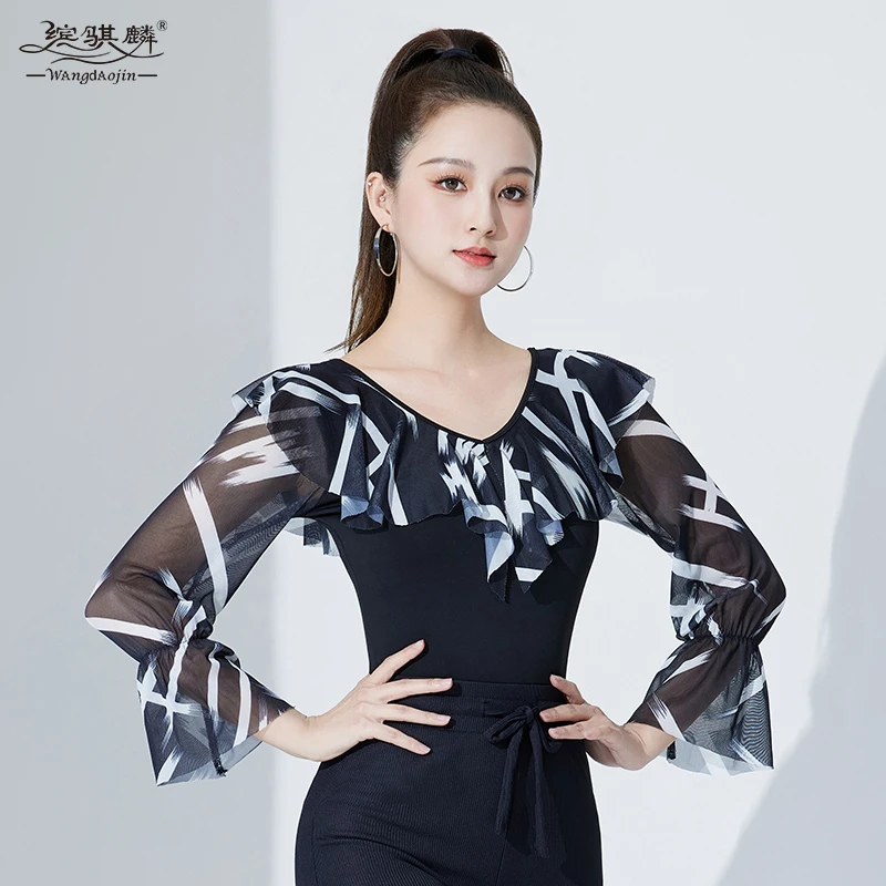 摩登舞上衣新款女成人交谊舞蹈服装印花拉丁舞长袖练功服国标舞服
