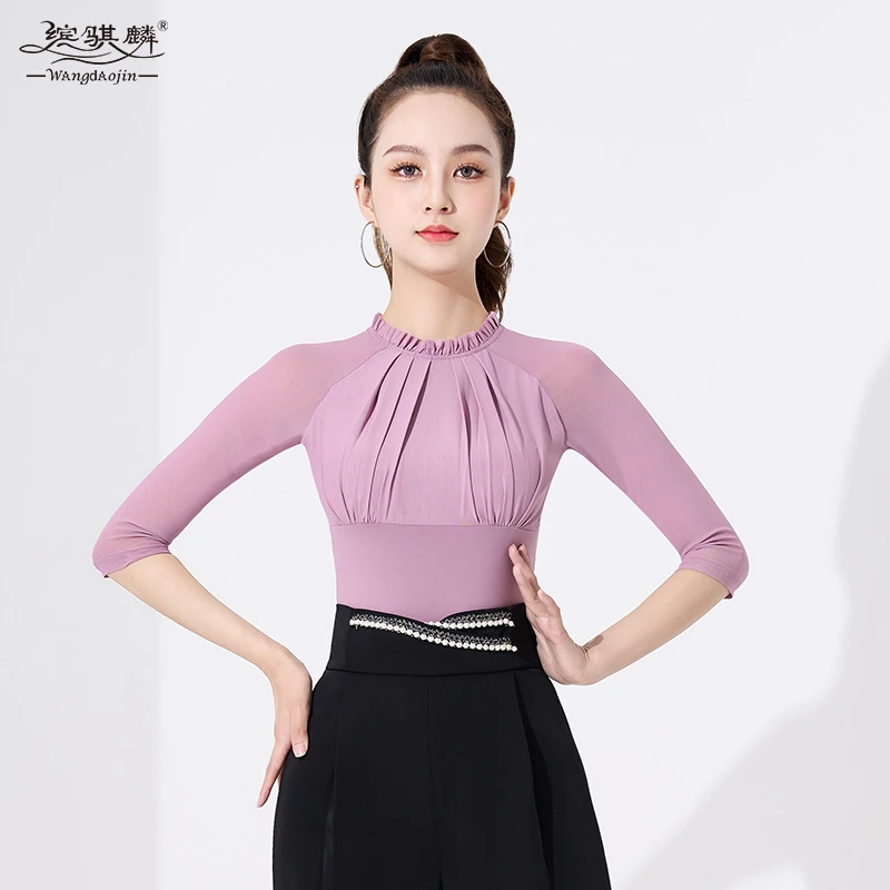 拉丁舞练功服上衣女成人2023新款国标摩登舞跳舞连体网纱舞蹈中袖