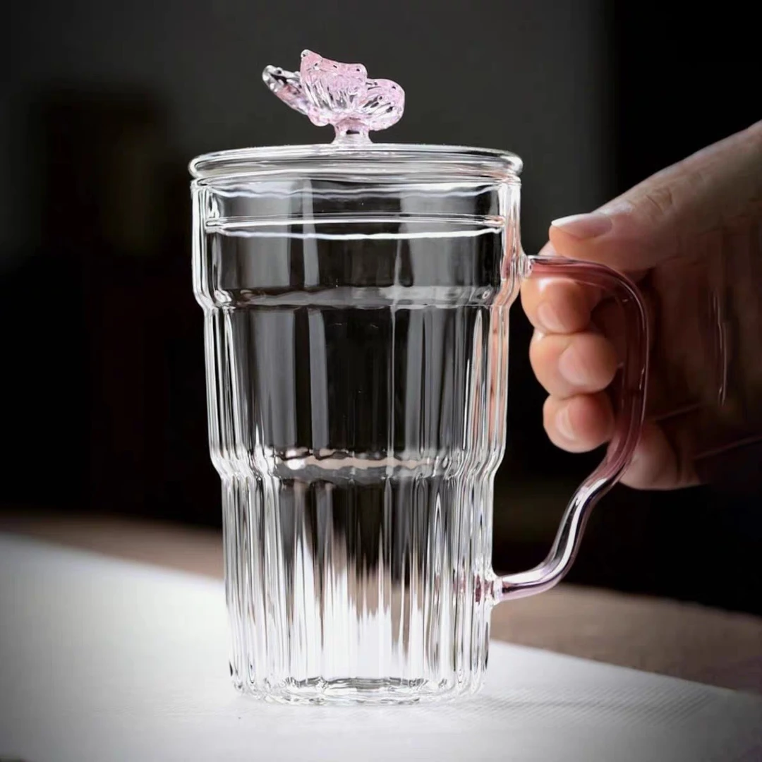 北大史手工玻璃杯带盖耐热防爆粉蝶含香马克杯
