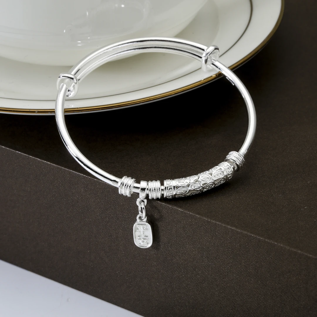 足银手镯 足银9999 推拉镯女实心百搭手镯送老婆送女友礼物可调节