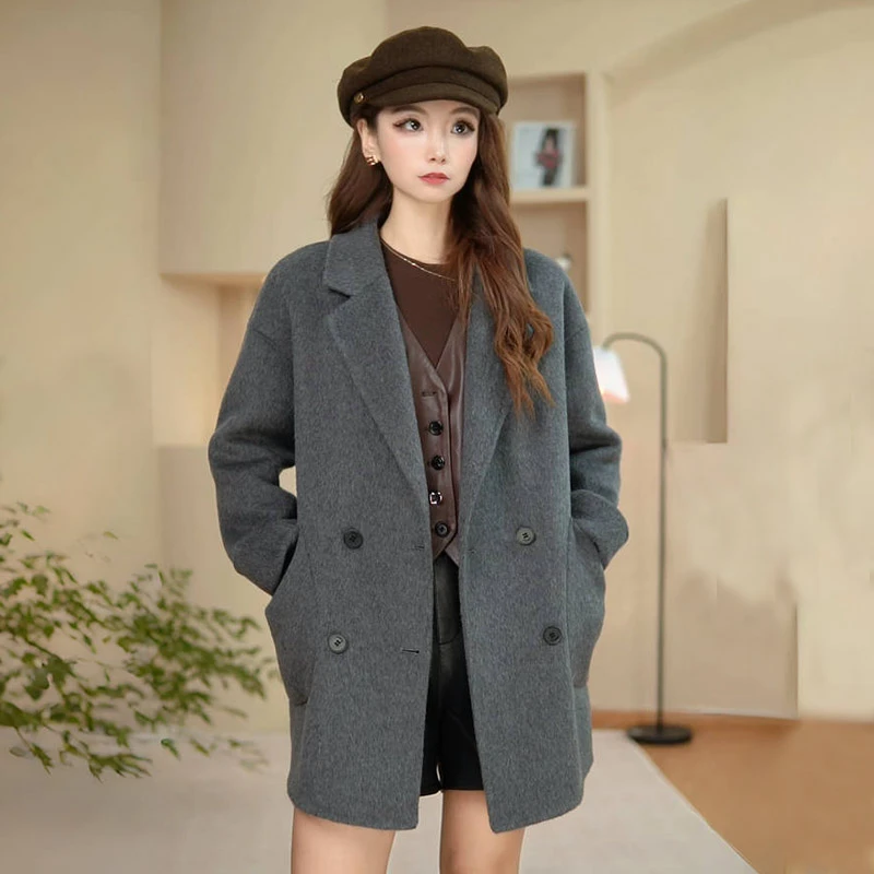 033秋冬时尚新品双面羊毛大衣2025年西装毛呢外套百搭毛呢大衣女