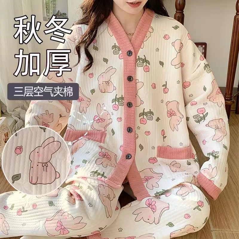 甜美大码300斤睡衣女空气棉夹层胖M宽松加厚学生可外穿家居服套装