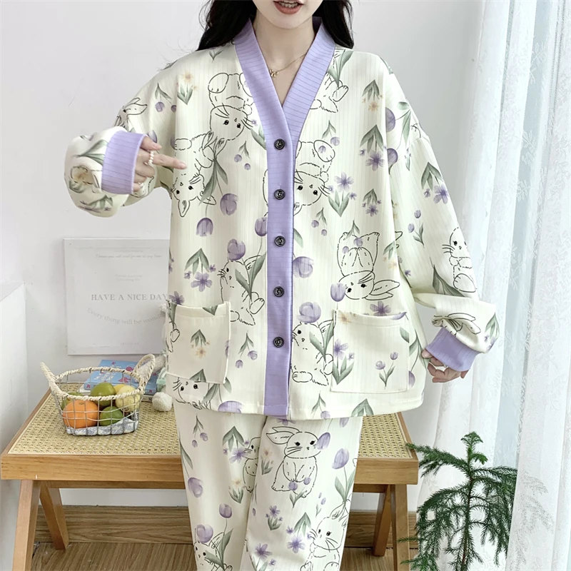 300斤大码胖MM睡衣女春秋季开衫长袖2025新款学生宿舍家居服套装