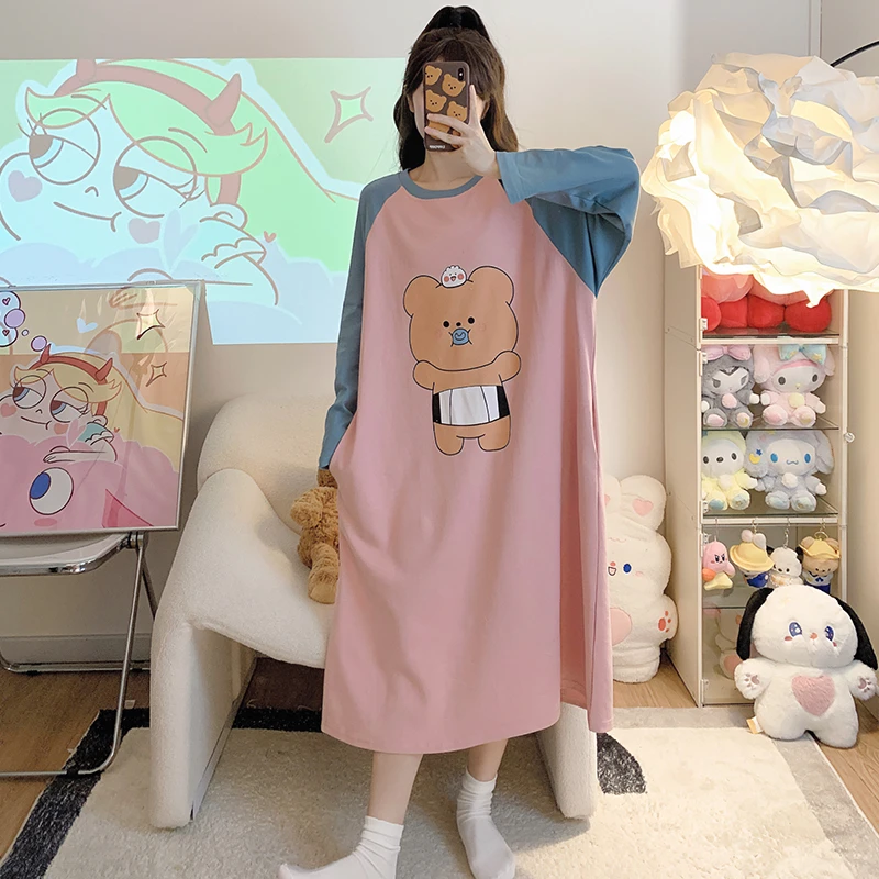 棉质长袖大码睡裙女春秋季睡衣卡通可爱胖mm宽松孕妇200斤家居服