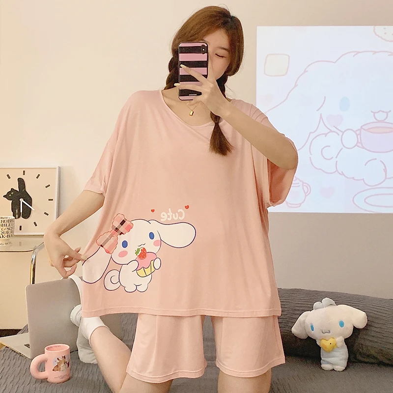 大码莫代尔棉睡衣女夏短袖卡通玉桂狗学生胖MM加肥200斤凉感睡衣