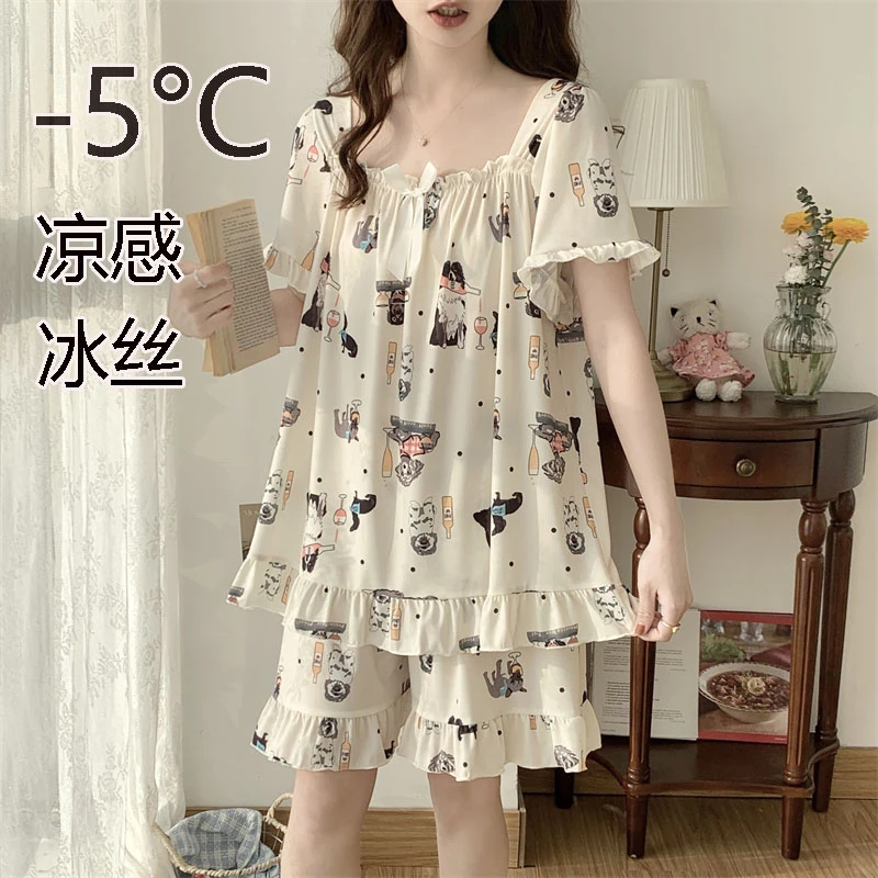 夏季冰丝300斤大码胖MM凉感睡衣女甜美短袖薄款加肥200斤网红套装