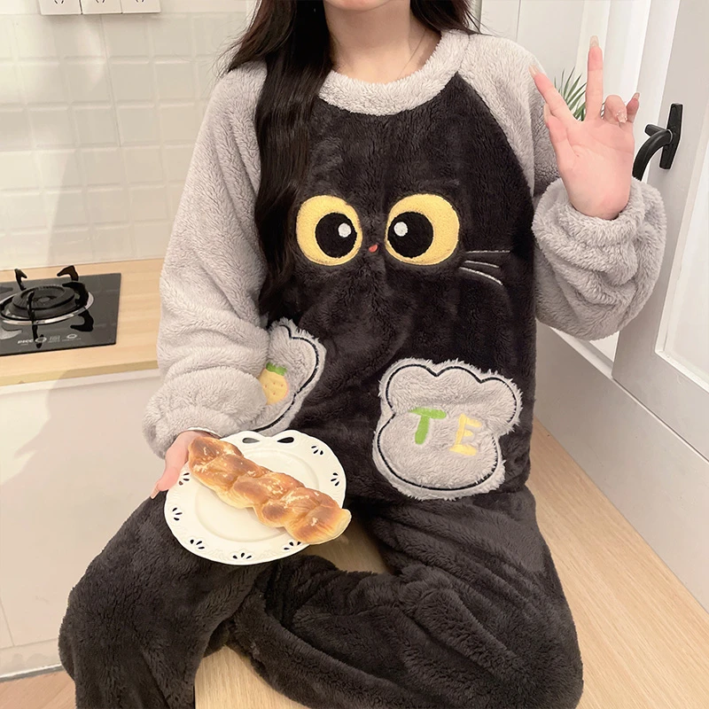 大码睡衣女士冬季加厚珊瑚绒韩版软萌胖mm卡通200斤学生保暖套装