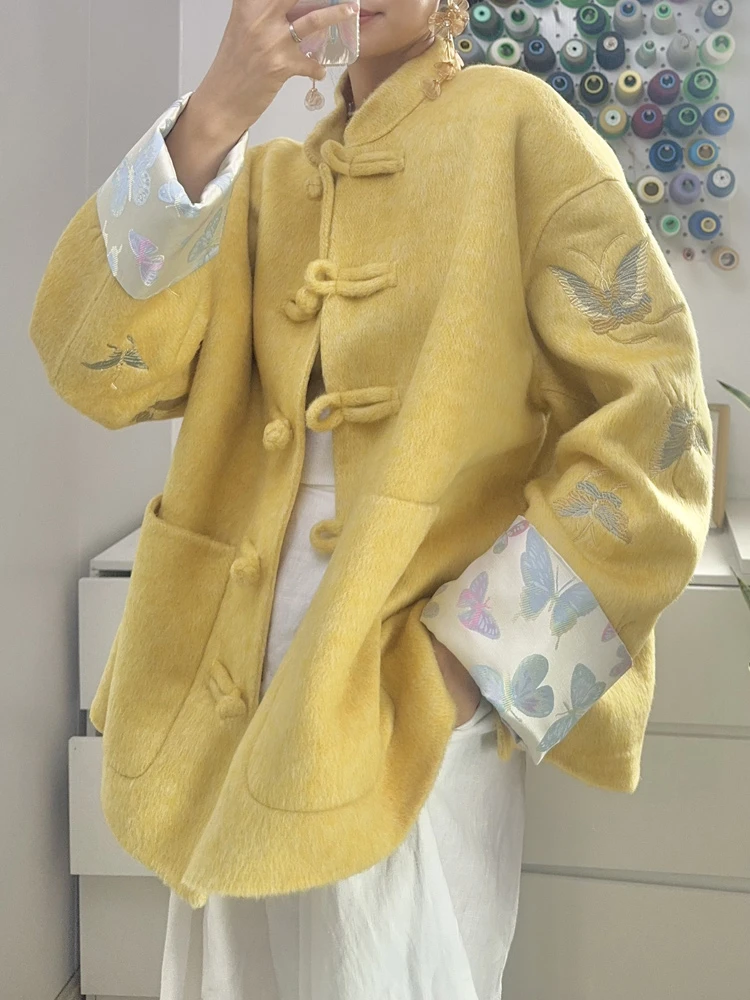 新中式双面羊绒大衣女蝴蝶刺绣保暖国风唐装复古盘扣毛呢外套冬装