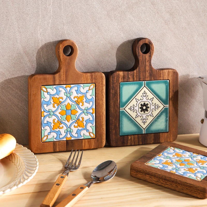 日式相思木花砖锅垫木质防烫盘垫创意家用隔热垫防烫垫碗垫实木垫